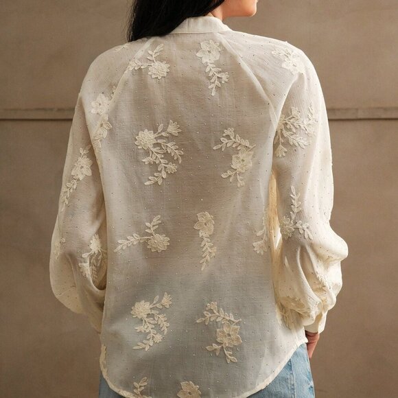 Apricot Elegant Women's V-Neck Lantern Sleeve Rhinestone Holiday Shirt - Picture 3 of 6